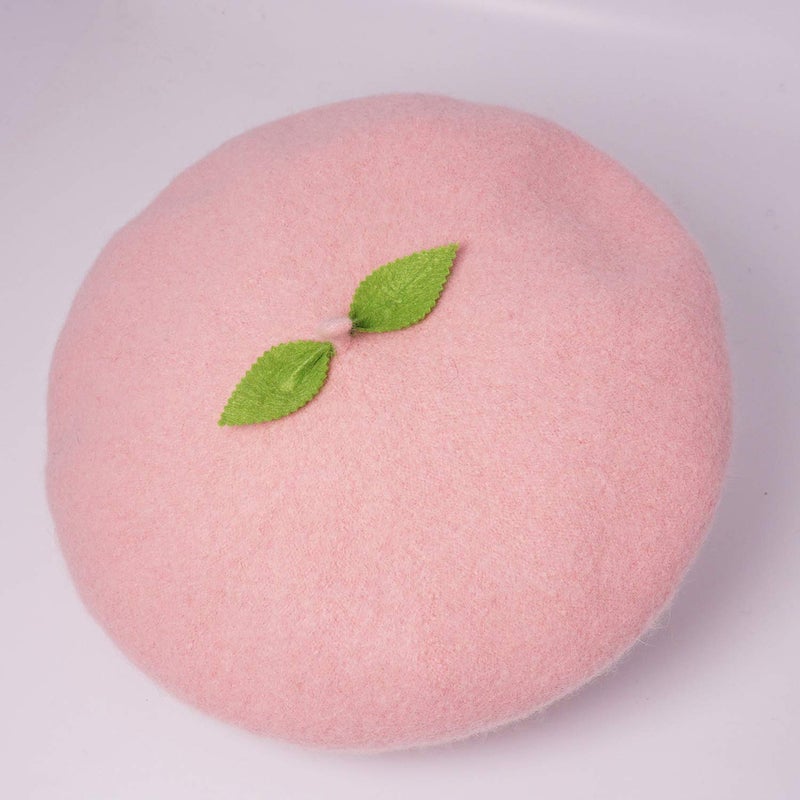Faiccia Kawaii Handmade Cartoon Beret Hat Green Leaves Fruit Cosplay Vintage Lolita Mori Girl Wool Cap Gift (Pink) - Image 5